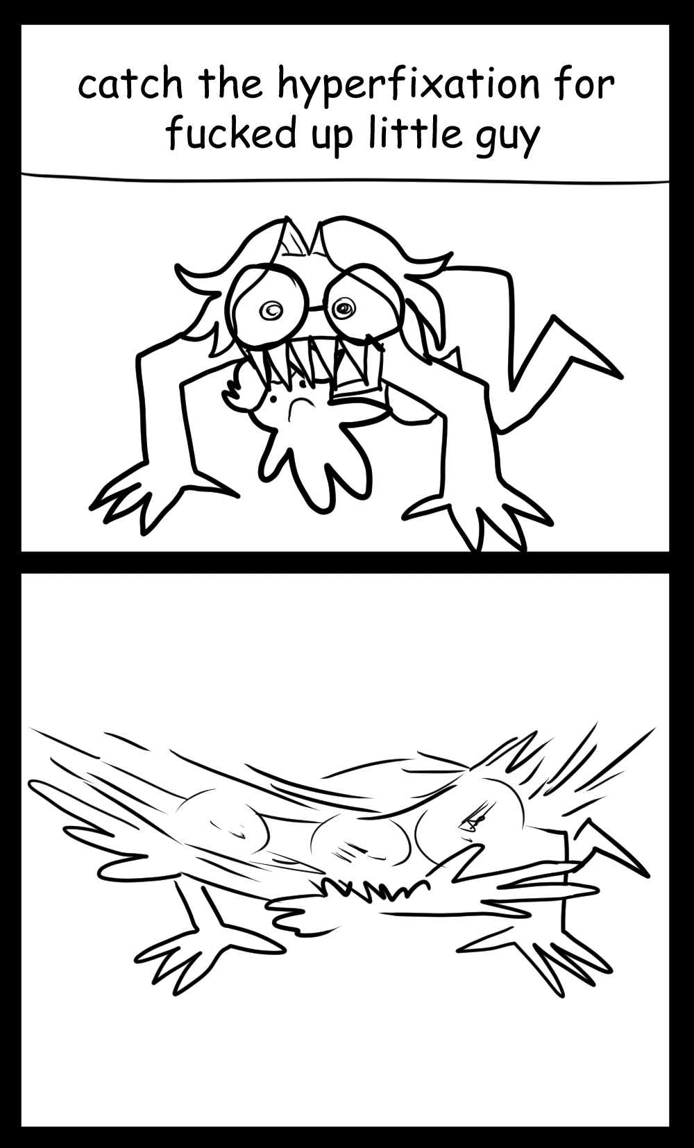 'catch hyperfixation for fucked up little guy' the voiceover says, while the author recreates that meme of the guy on all fours chewing on something and shaking their head like a dog, but the thing they're chewing on is Dilandau.