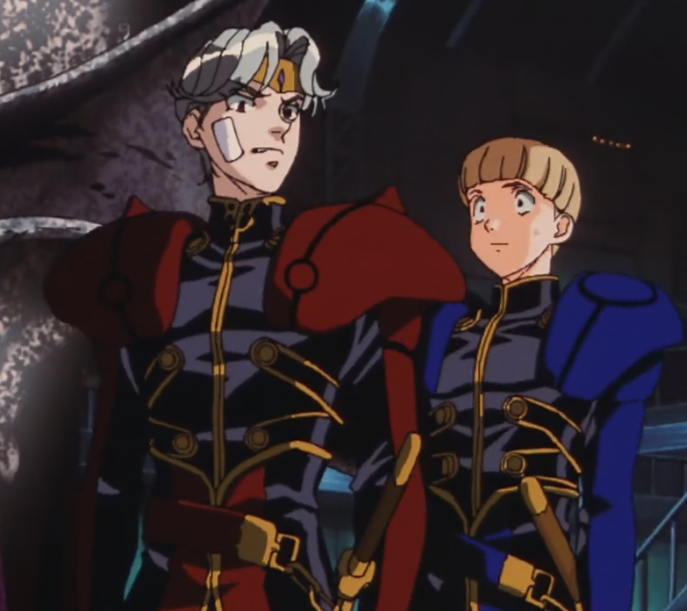 screenshot of dilandau glaring off-screen, and shesta standing behind him, startled by his expression.