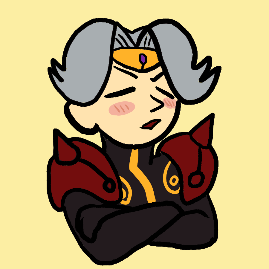a small chibi drawing of Dilandau crossing his arms with his eyes closed, a grumbling expression.