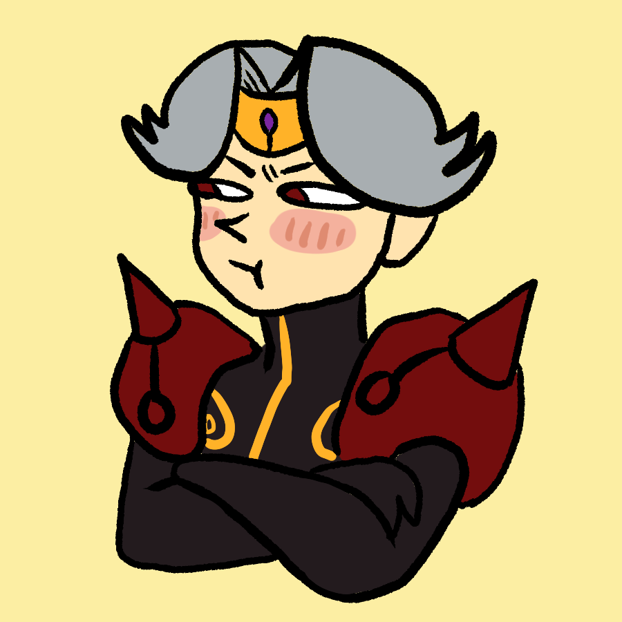 a small chibi drawing of Dilandau crossing his arms and glaring offscreen. he's blushing, cheek puffed out in annoyance, and brows furrowed but not particularly angry looking. it's giving Tsundere.