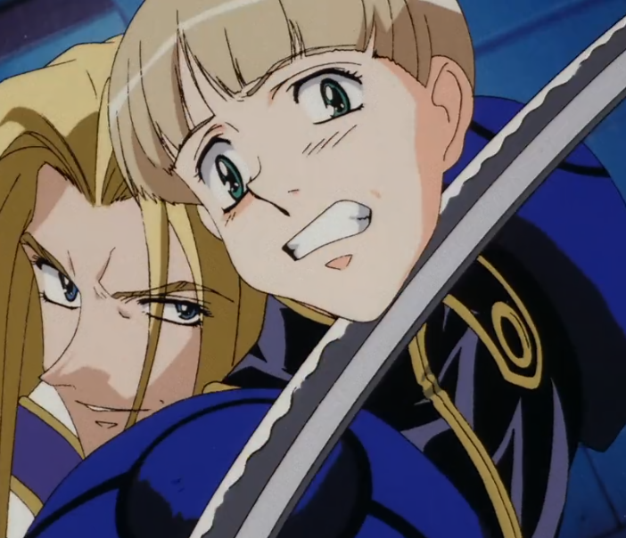 Shesta being held at swordpoint by Allen